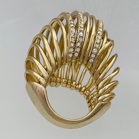 Gold Toned Sculpted orbital spiral cocktail ring Size 7 Crystal Accented - Picture 5 of 6